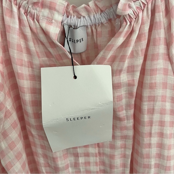 Sleeper Women’s Linen Lounge Dress Puff Sleeve Ruffle Hem in Pink Check - Picture 8 of 8